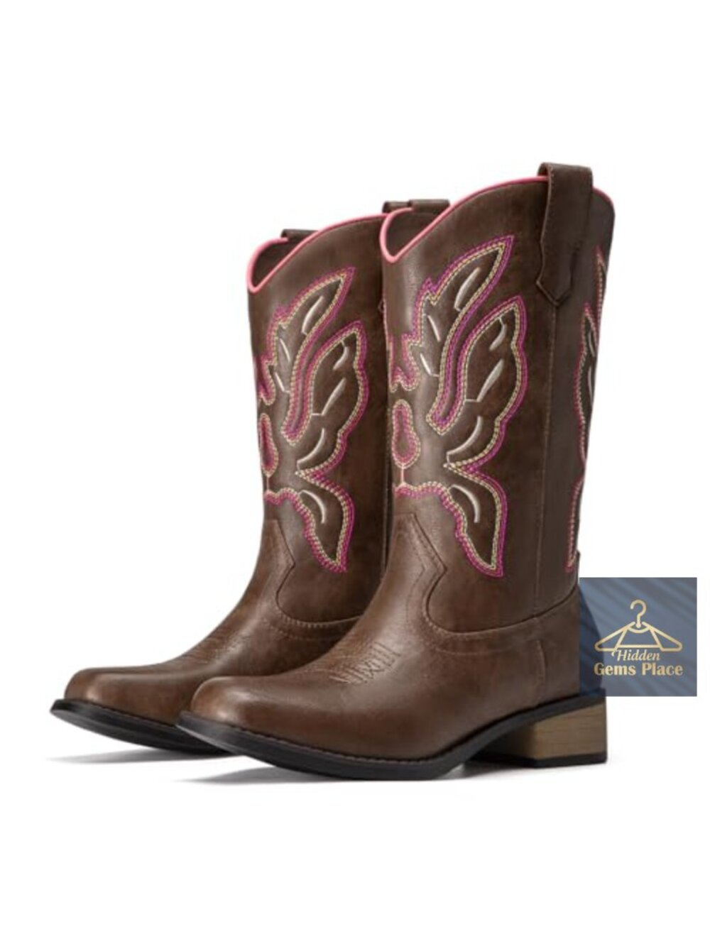 Mid Calf Square Toe Cowboy Boots for Women Embroidery Chunky Heel Pull On
